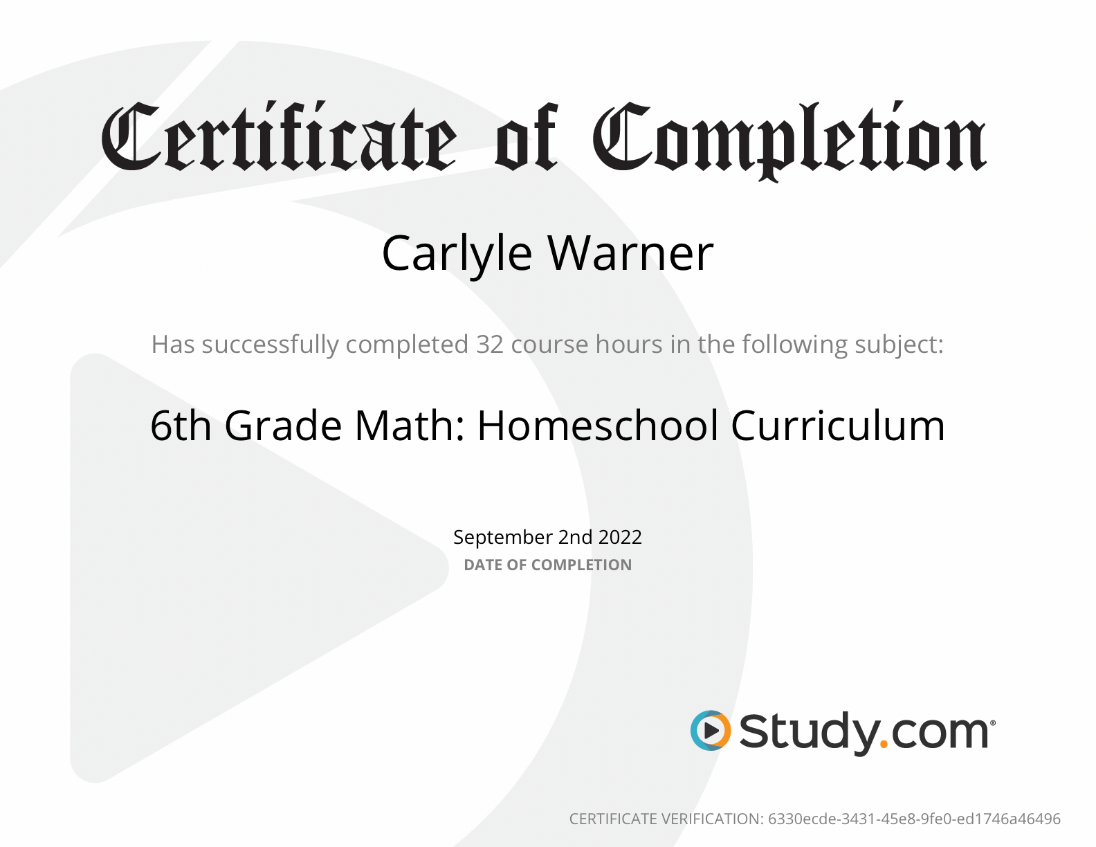 certificate of 6th grade math